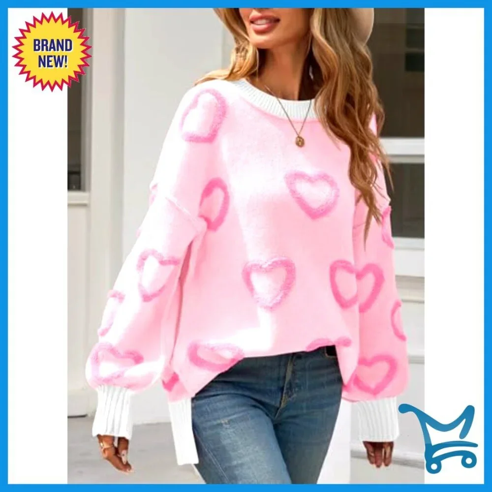 Oversized Chunky Knit Heart Sweater Y2K Cute Winter Pullover Side Slit - Picture 3 of 7